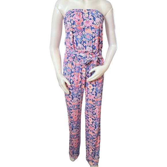 Lilly Pulitzer Tia Iris Blue Pink Werk It Jersey Strapless Pant Jumpsuit Small
